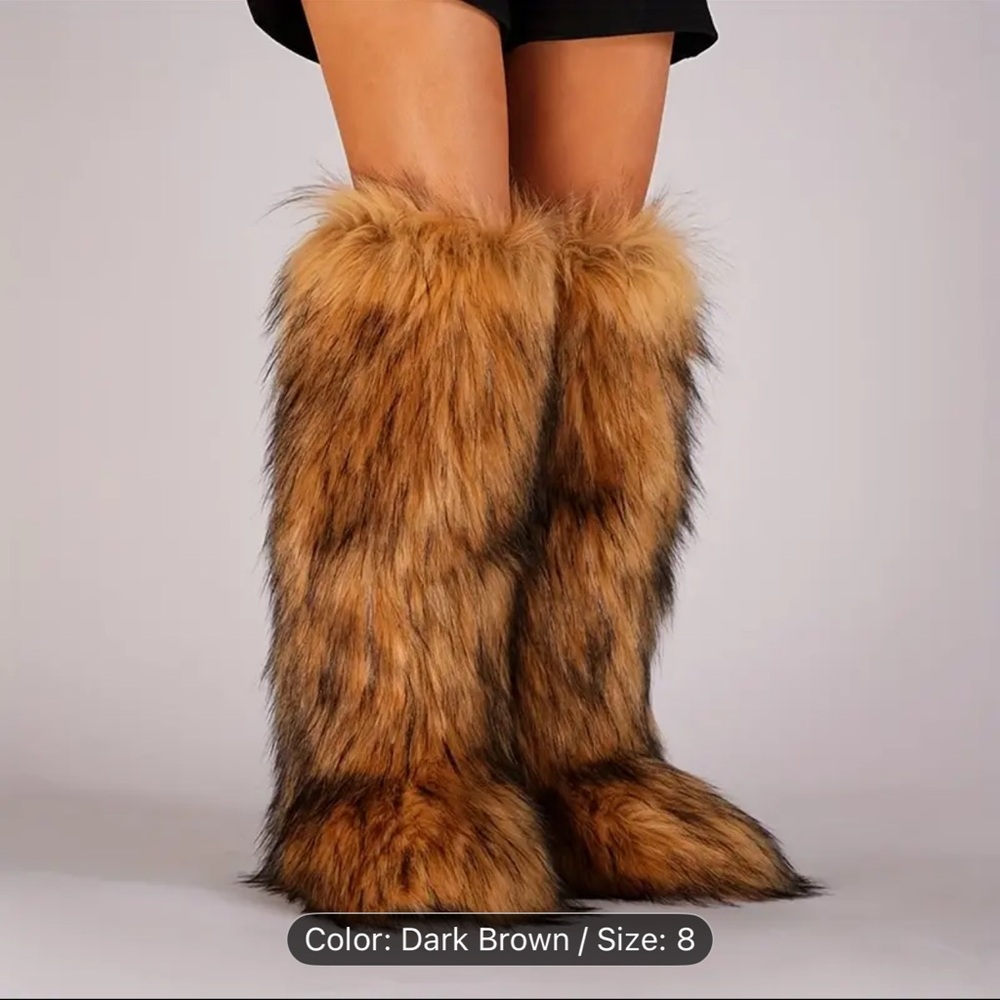 Faux Fur Knee-High Boots - Dark Brown